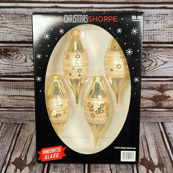 Set of 4 THE CHRISTMAS SHOPPE Handcrafted Glass Ornaments Gold Glitter 2011 NEW - Picture 1 of 4